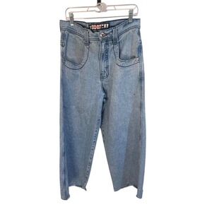 JNCO Baggy Jeans Mens Light Wash Distressed Raw Hem Crown Logo Size 26